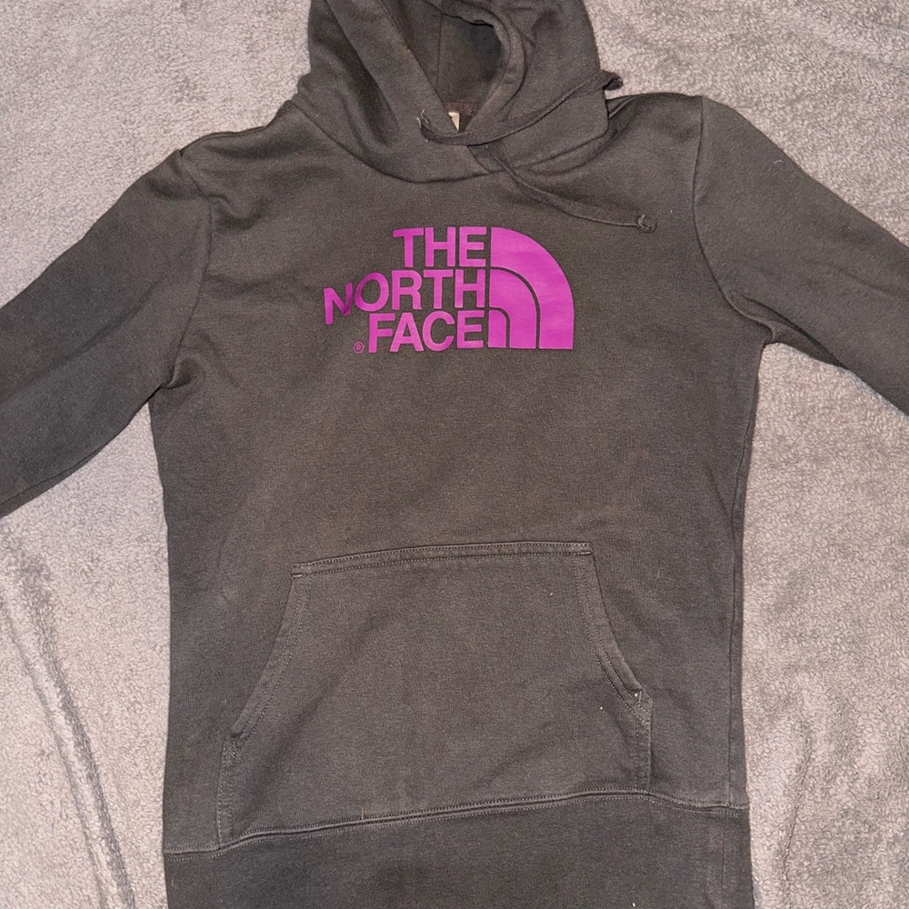 The North Face Charcoal Hoodie with Magenta Logo